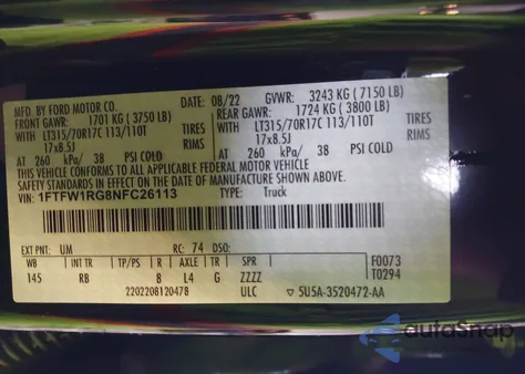 2022 Ford F-150 Raptor from USA, damaged, VIN 1FTFW1RG8NFC26113